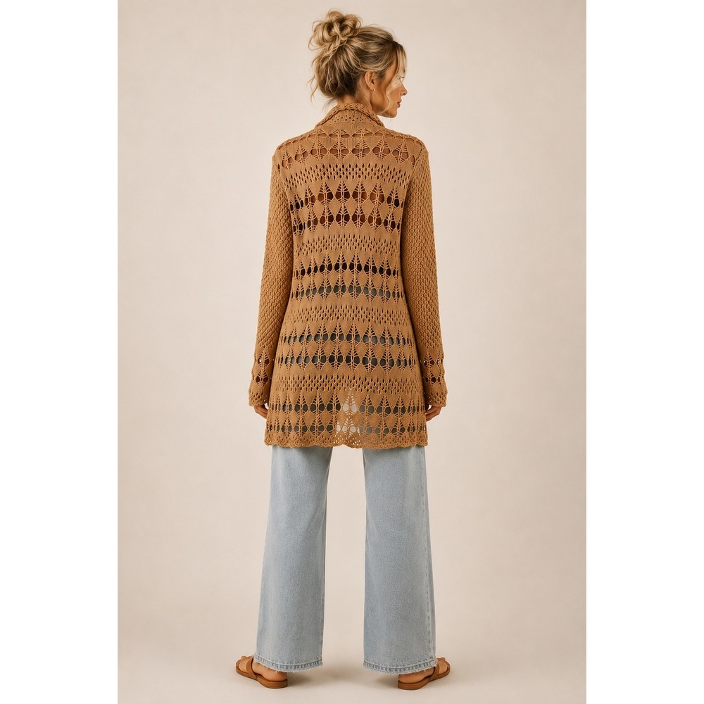 Cotton Blend Crochet Duster Cardigan Boho Brown Open Knit M Coastal